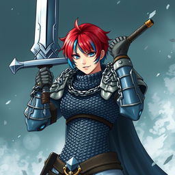 A formidable agender human fighter wielding a gigantic greatsword, gender-neutral in appearance, with short hair that is fire red and ice blue