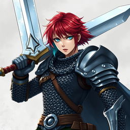 A formidable agender human fighter wielding a gigantic greatsword, gender-neutral in appearance, with short hair that is fire red and ice blue