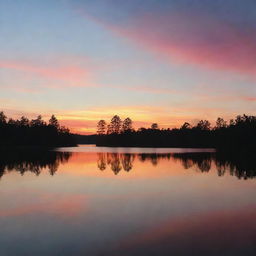 A serene sunset over a calm, glassy lake with silhouettes of treetops against the colourful sky.