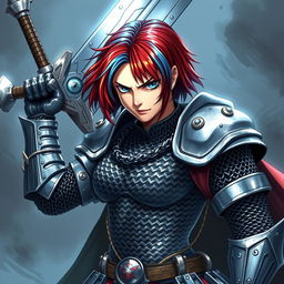 A formidable agender human fighter wielding a gigantic greatsword, gender-neutral in appearance, with short hair that is fire red and ice blue