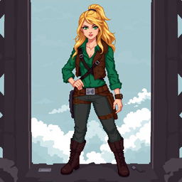 A pixel art representation of a medium-height woman with an athletic and agile build, showcasing her survival skills