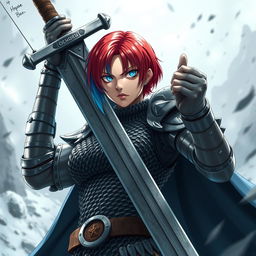 A formidable agender human fighter wielding a gigantic greatsword, characterized by short hair that transitions between fire red and ice blue