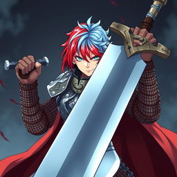 A formidable agender human fighter wielding a gigantic greatsword, characterized by short hair that transitions between fire red and ice blue