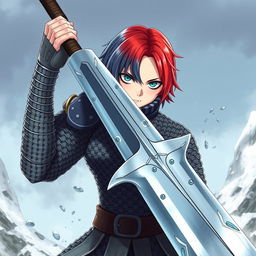 A formidable agender human fighter wielding a gigantic greatsword, characterized by short hair that transitions between fire red and ice blue