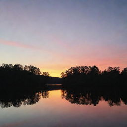 A serene sunset over a calm, glassy lake with silhouettes of treetops against the colourful sky.