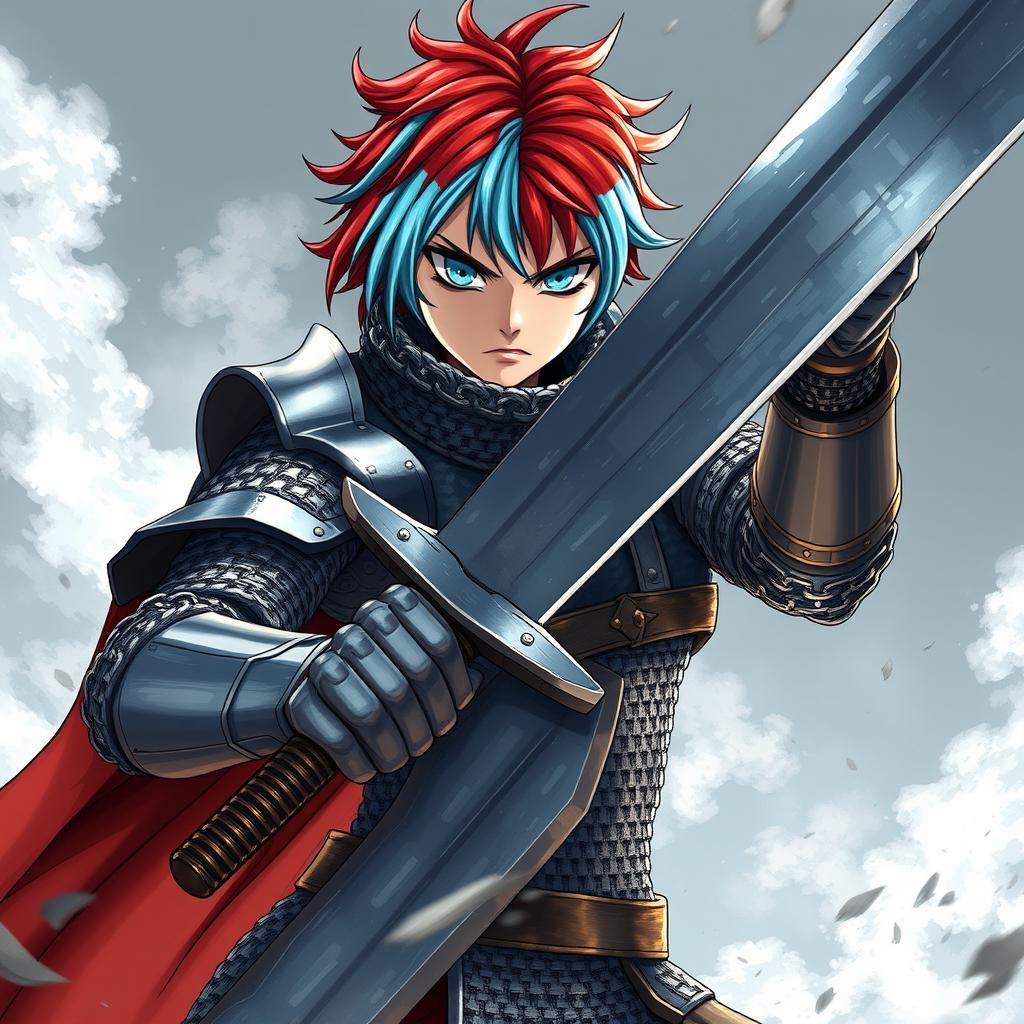 A fierce agender human fighter portrayed wielding a massive greatsword with a commanding presence