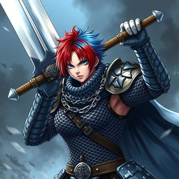 A fierce agender human fighter portrayed wielding a massive greatsword with a commanding presence