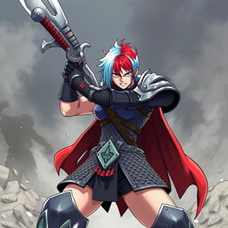 An impressive agender human fighter depicted wielding an enormous greatsword, showcasing a dramatic stance with their sword raised high