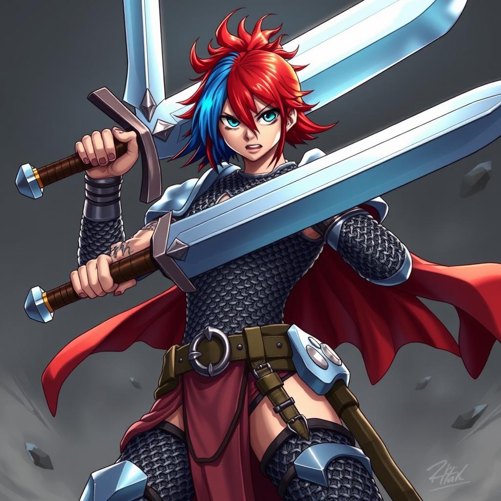 An impressive agender human fighter depicted wielding an enormous greatsword, showcasing a dramatic stance with their sword raised high