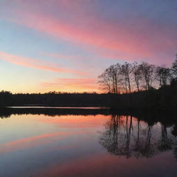 A serene sunset over a calm, glassy lake with silhouettes of treetops against the colourful sky.