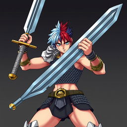 An impressive agender human fighter depicted wielding an enormous greatsword, showcasing a dramatic stance with their sword raised high