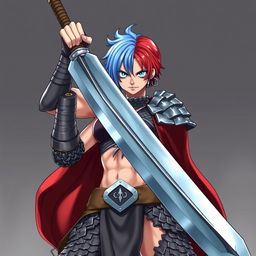 An impressive agender human fighter depicted wielding an enormous greatsword, showcasing a dramatic stance with their sword raised high