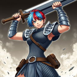 An impressive agender human fighter poised in a dynamic stance, wielding an enormous greatsword raised high above their head