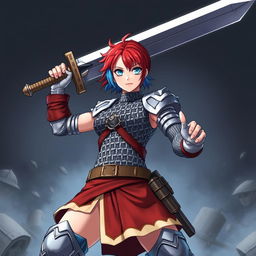 An impressive agender human fighter poised in a dynamic stance, wielding an enormous greatsword raised high above their head