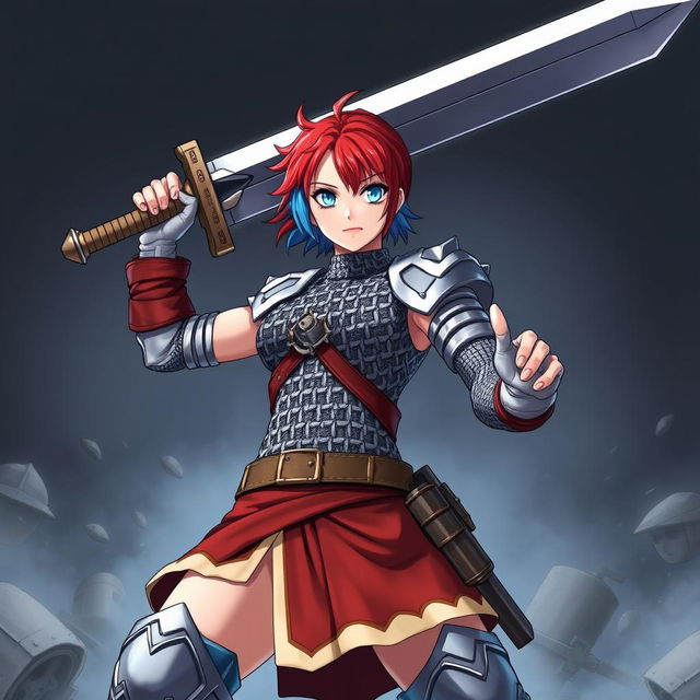 An impressive agender human fighter poised in a dynamic stance, wielding an enormous greatsword raised high above their head