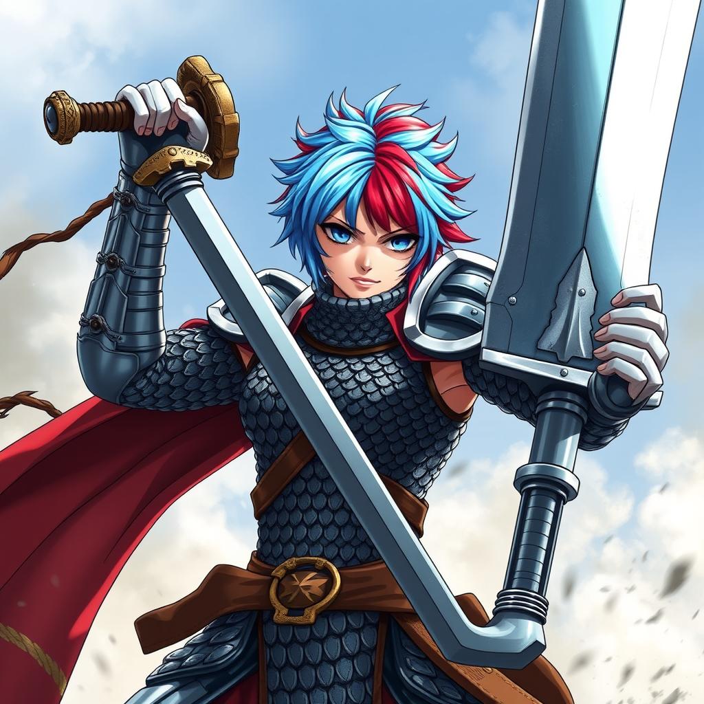 A striking agender human fighter, captured in a powerful stance with an oversized greatsword raised high