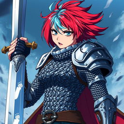 A striking agender human fighter, captured in a powerful stance with an oversized greatsword raised high