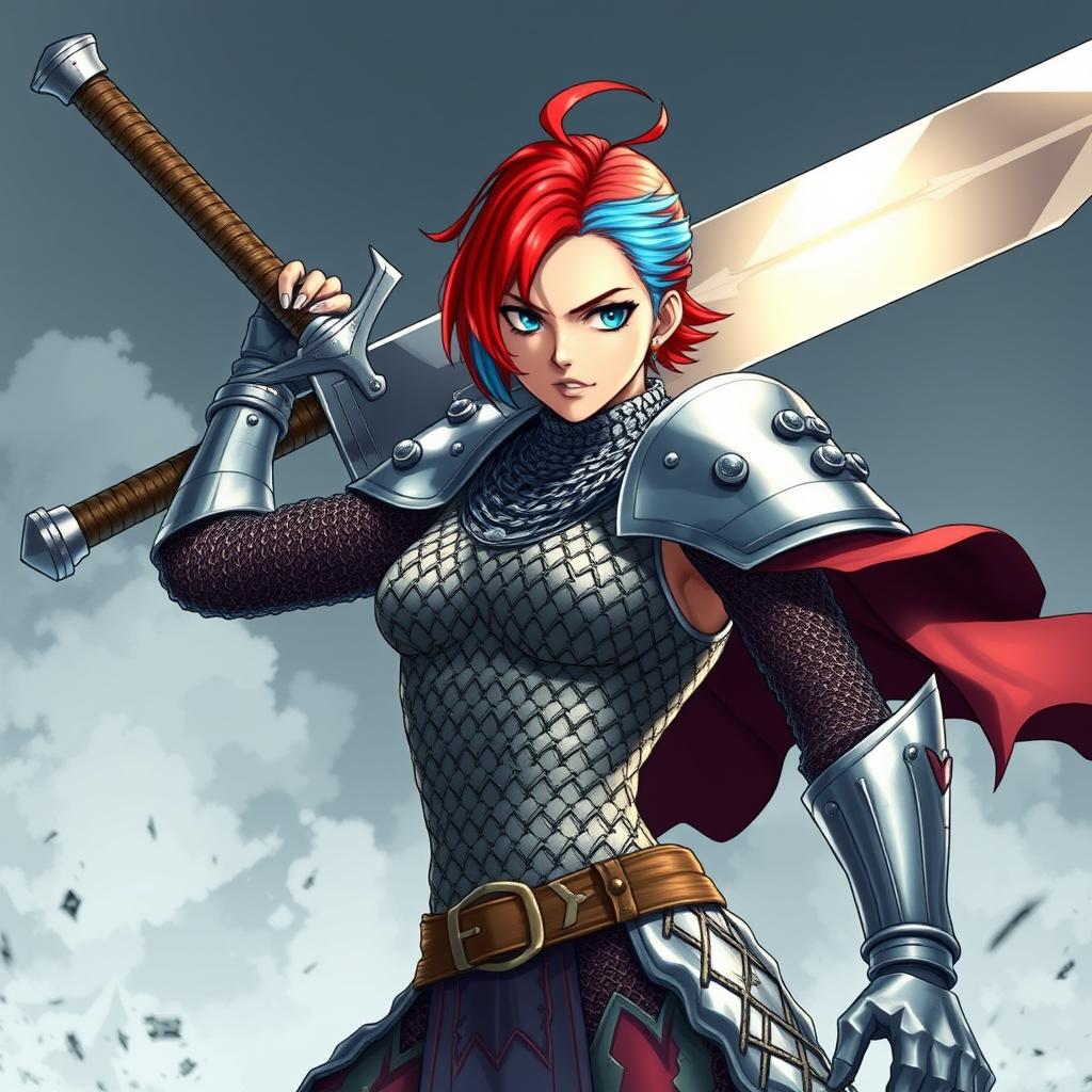 A striking agender human fighter, captured in a powerful stance with an oversized greatsword raised high