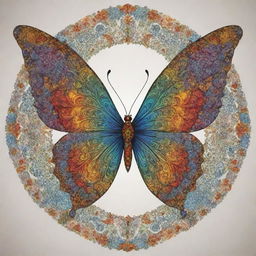 A multicolored depiction of a thriving social circle creating the shape of a dynamic butterfly at the center, intricate patterns mimic a trident symbol embedded within.