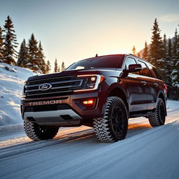 A Ford Expedition Tremor designed for snow, equipped with rugged tires and a specialized snow package