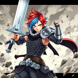 A dynamic agender human fighter portrayed in an action-packed pose with a colossal greatsword raised high