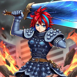 A dynamic agender human fighter portrayed in an action-packed pose with a colossal greatsword raised high