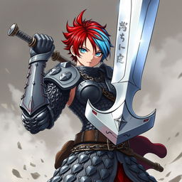 A dynamic agender human fighter portrayed in an action-packed pose with a colossal greatsword raised high