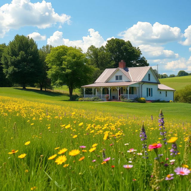 A picturesque country farmhouse nestled in a serene rural landscape, surrounded by lush, beautiful trees and vibrant wildflower gardens