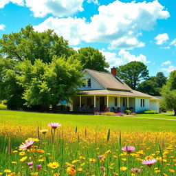 A picturesque country farmhouse nestled in a serene rural landscape, surrounded by lush, beautiful trees and vibrant wildflower gardens