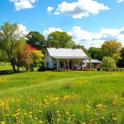 A picturesque country farmhouse nestled in a serene rural landscape, surrounded by lush, beautiful trees and vibrant wildflower gardens