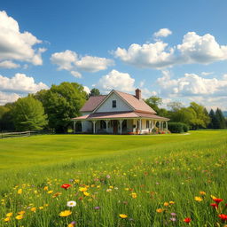 A picturesque country farmhouse nestled in a serene rural landscape, surrounded by lush, beautiful trees and vibrant wildflower gardens