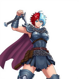 A formidable agender human fighter depicted in a powerful battle stance, holding a massive greatsword raised triumphantly