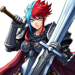 A formidable agender human fighter depicted in a powerful battle stance, holding a massive greatsword raised triumphantly