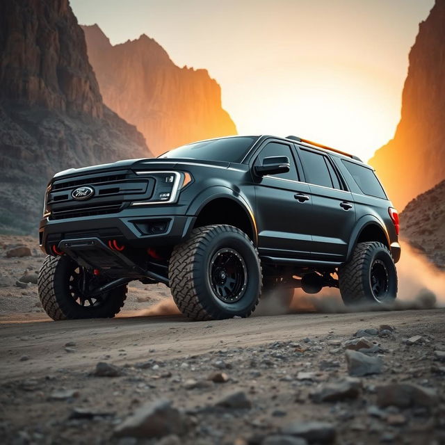 A Ford Expedition Tremor modified to resemble a mega-raptor, featuring an aggressive body kit and oversized tires that emphasize its off-road prowess