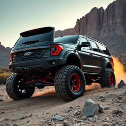 A Ford Expedition Tremor modified to resemble a mega-raptor, featuring an aggressive body kit and oversized tires that emphasize its off-road prowess