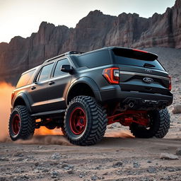 A Ford Expedition Tremor modified to resemble a mega-raptor, featuring an aggressive body kit and oversized tires that emphasize its off-road prowess