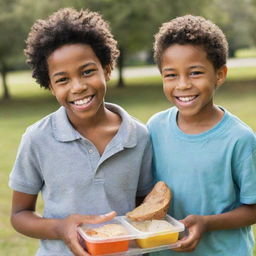 African American boy and Caucasian boy in a friendly exchange of food, emphasizing diversity, unity, and friendship. They are outdoors, both smiling, sharing from their respective lunchboxes.