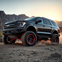 A Ford Expedition Tremor modified to resemble a mega-raptor, featuring an aggressive body kit and oversized tires that emphasize its off-road prowess