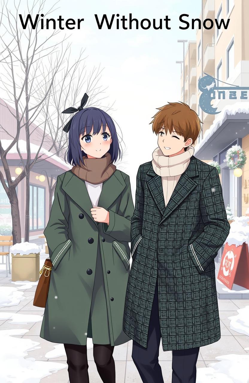 A winter scene titled 'Winter Without Snow', featuring two characters, Kanao and Tanjiro, from a popular anime, dressed in modern winter clothing