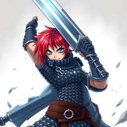 A fierce agender human fighter depicted in a confident battle stance, holding a huge greatsword raised overhead