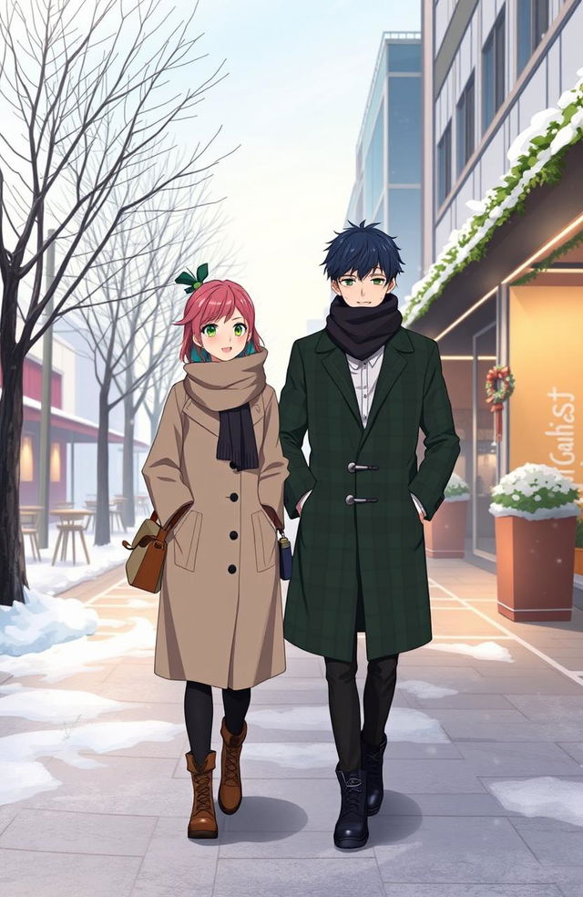 A winter scene titled 'Winter Without Snow', featuring two characters, Kanao and Tanjiro, from a popular anime, dressed in modern winter clothing