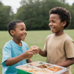 African American boy and Caucasian boy in a friendly exchange of food, emphasizing diversity, unity, and friendship. They are outdoors, both smiling, sharing from their respective lunchboxes.