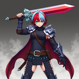 A fierce agender human fighter depicted in a confident battle stance, holding a huge greatsword raised overhead