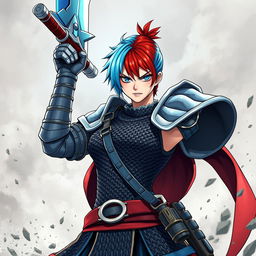 A fierce agender human fighter depicted in a confident battle stance, holding a huge greatsword raised overhead