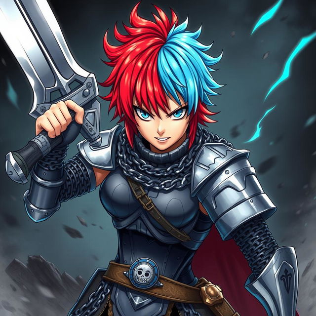 A fierce agender human fighter depicted in a confident battle stance, holding a huge greatsword raised overhead