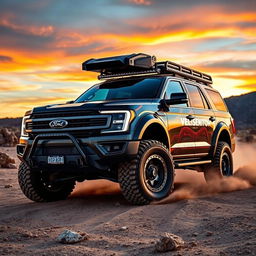 A rugged Ford Expedition Tremor, customized to resemble a Velociraptor, showcasing its aggressive off-road styling and powerful presence