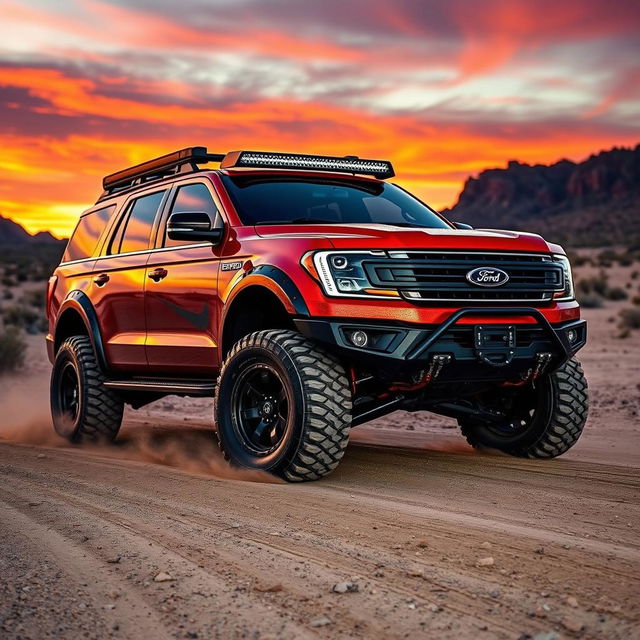 A rugged Ford Expedition Tremor, customized to resemble a Velociraptor, showcasing its aggressive off-road styling and powerful presence