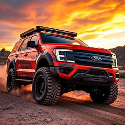 A rugged Ford Expedition Tremor, customized to resemble a Velociraptor, showcasing its aggressive off-road styling and powerful presence