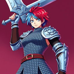 An impressive agender human fighter in a striking pose, raising a gigantic greatsword high above their head