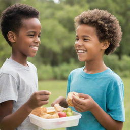 African American boy and Caucasian boy in a friendly exchange of food, emphasizing diversity, unity, and friendship. They are outdoors, both smiling, sharing from their respective lunchboxes.